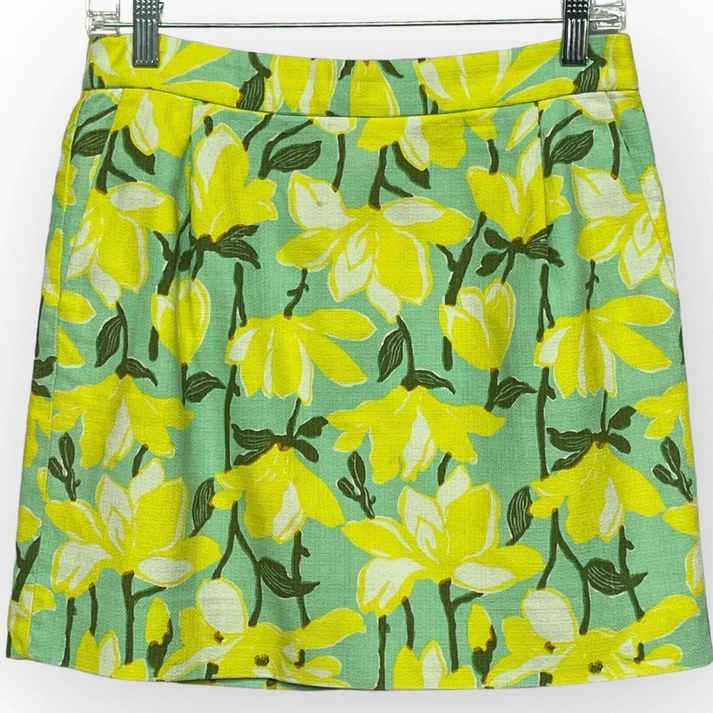 J.Crew Floral Mini Skirt Womens 4 Green Yellow Magnolia Cotton A0111 Excellent